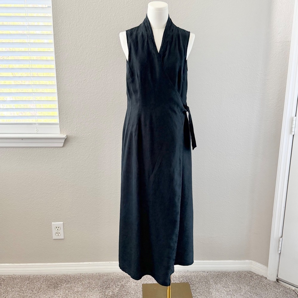 J. Jill 100% Silk Wrap Maxi Dress Crinkle Black Minimalist Goth Old Money S EUC - Picture 5 of 13